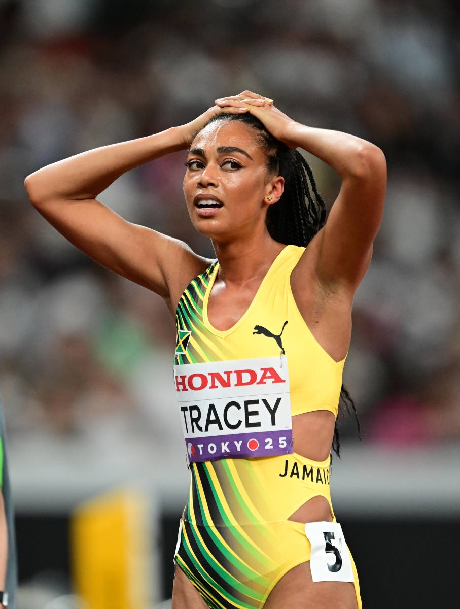 A dejected Adelle Tracey moments after competing in the women’s 1,500-metre qualifiers at the Japan National Stadium in Tokyo yesterday. Tracey finished 13th in heat three.