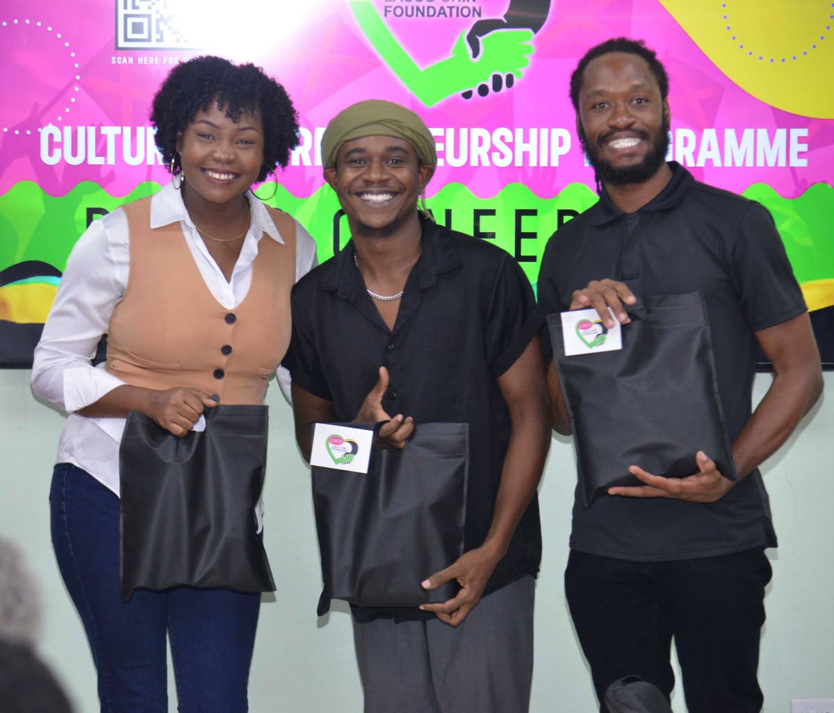 From left:  Sabrina Thomas, Jomo Dixon and Oraine Meikle at Lasco Chin Foundation’s press conference last Monday. The actors brought the script written by David Tulloch to life with a powerful reading.  