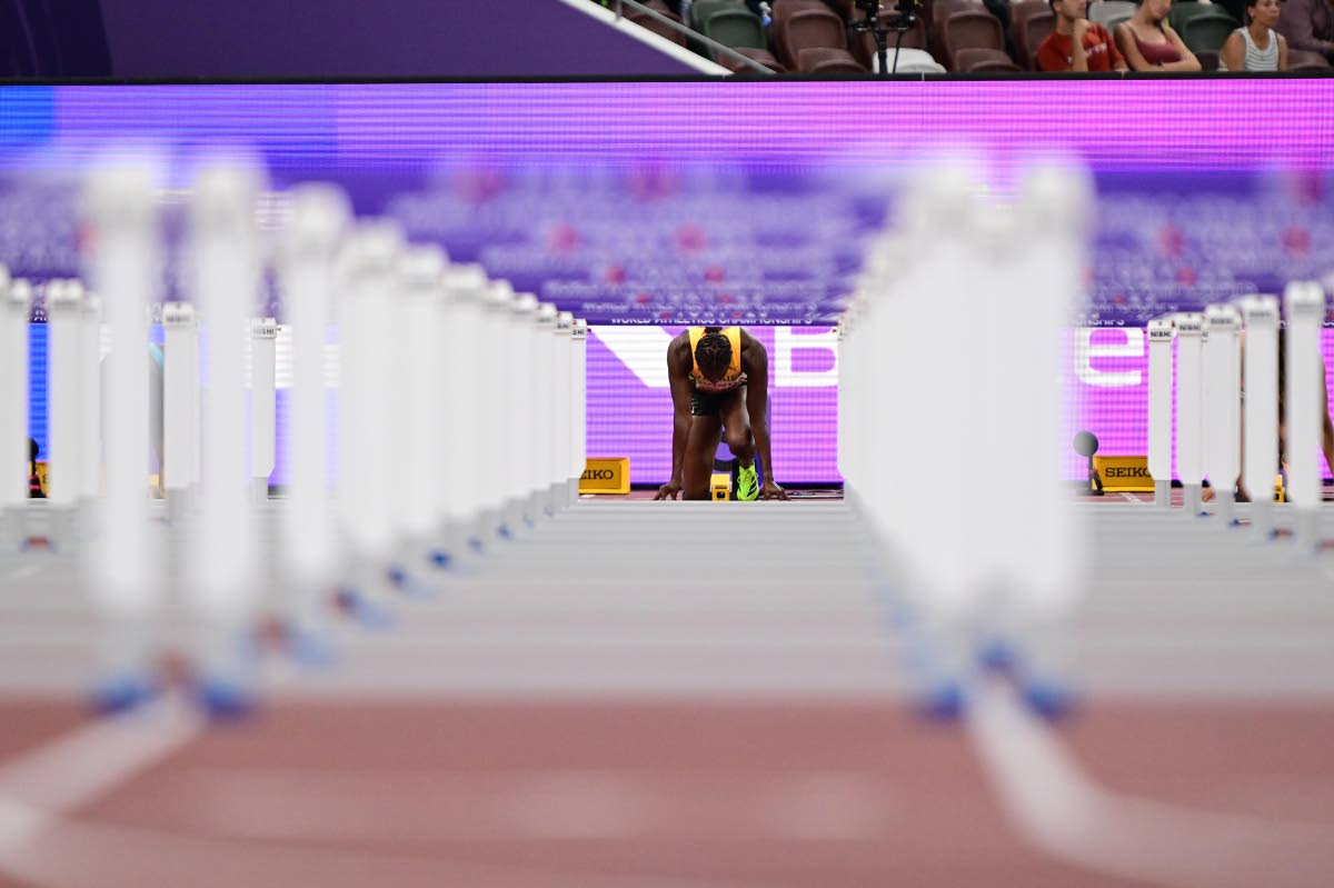 Danielle Williams gets ready for the World Athletics Championships 100-metre hurdles semi-finals at the Japan National Stadium in Tokyo, Japan, yesterday.