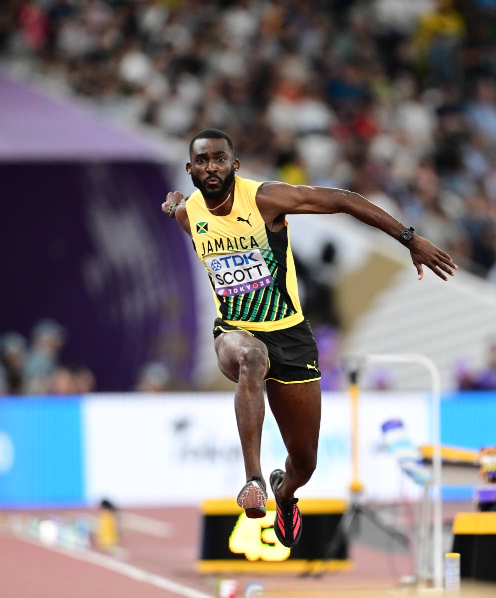 Jordan Scott of Jamaica competing in the men’s triple jump finals on day seven of the World Athletics Championships. Scott placed fifth with a best of 17.21 metres.