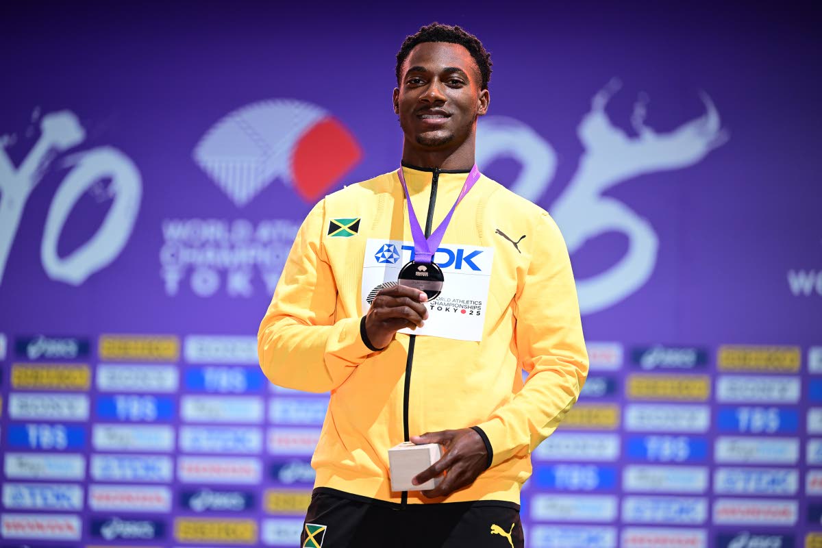 Bronze medalist Bryan Levell of Jamaica at the men’s 200m medal ceremony. 