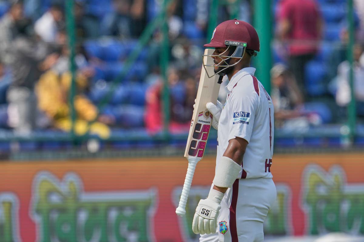 West Indies’ Shai Hope walks off the field after losing his wicket on the fourth day of the second Test match against West Indies at the Arun Jaitley Stadium in New Delhi, India, yesterday.