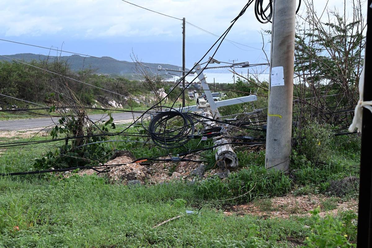 A downed JPS utility pole in Hellshire, Portmore, St Catherine on October 29, 2025 following the passage of Hurricane Melissa.