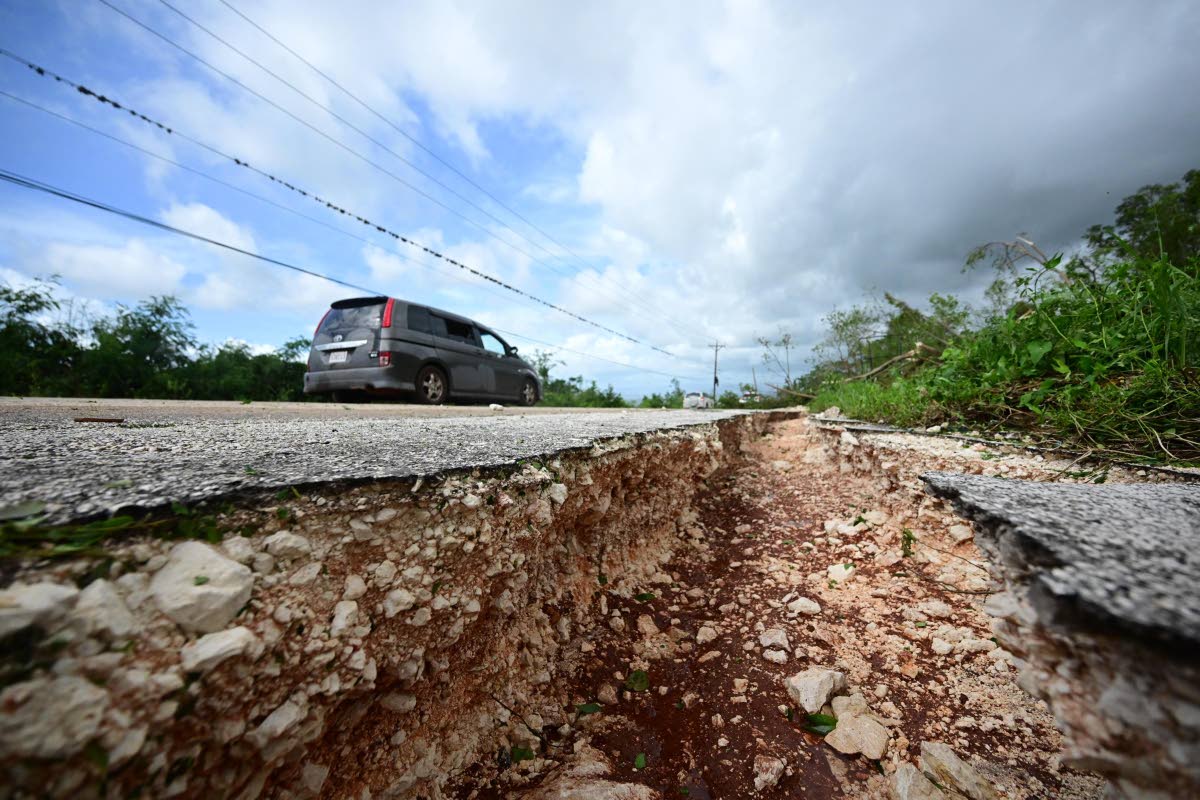 Damage to a section of the Spur Tree Hill main road, which connects the southern parishes of Manchester and St Elizabeth, following Hurricane Melissa.