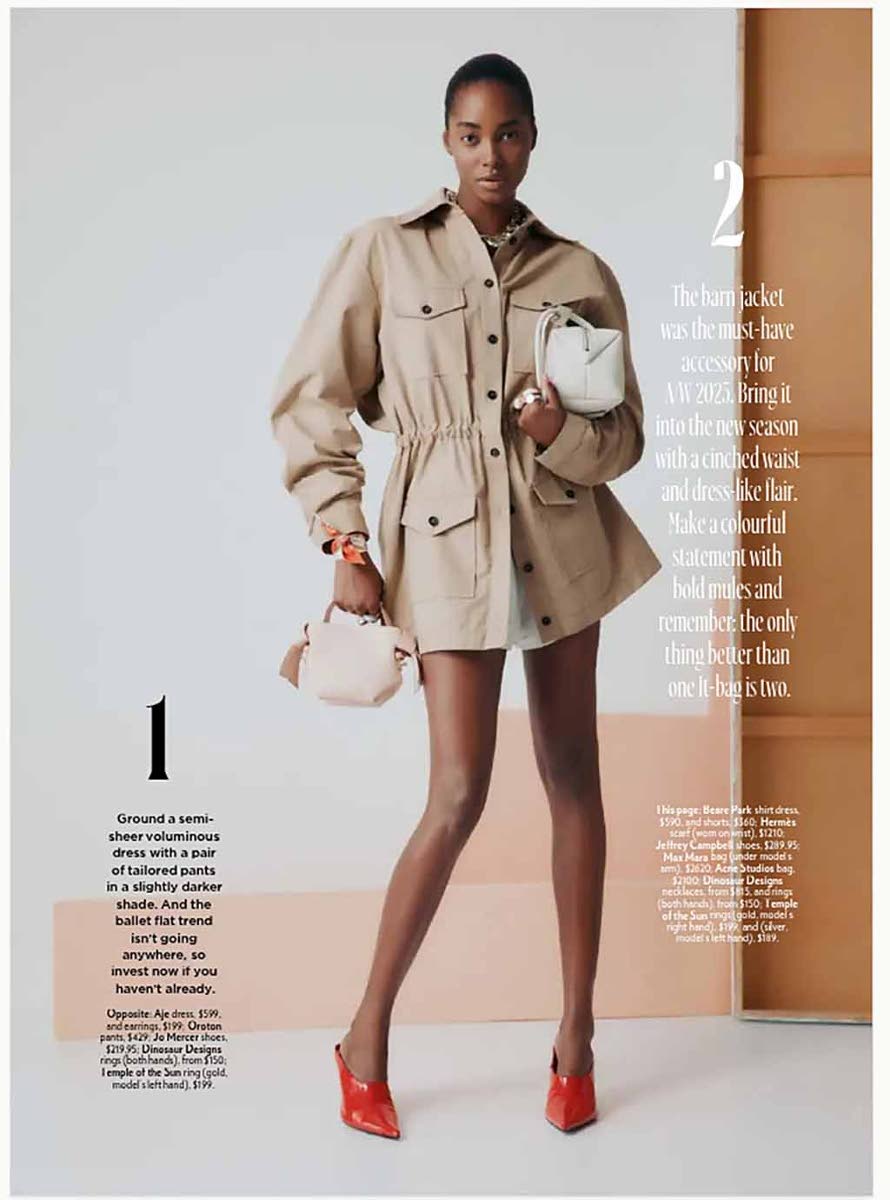 SAINT’s Tami Williams in a Beare Park shirt dress, Hermes scarf, Jeffrey Campbell shoes, Max Mara bag (under arm), Acne Studios bag, and Temple of the Sun rings. 