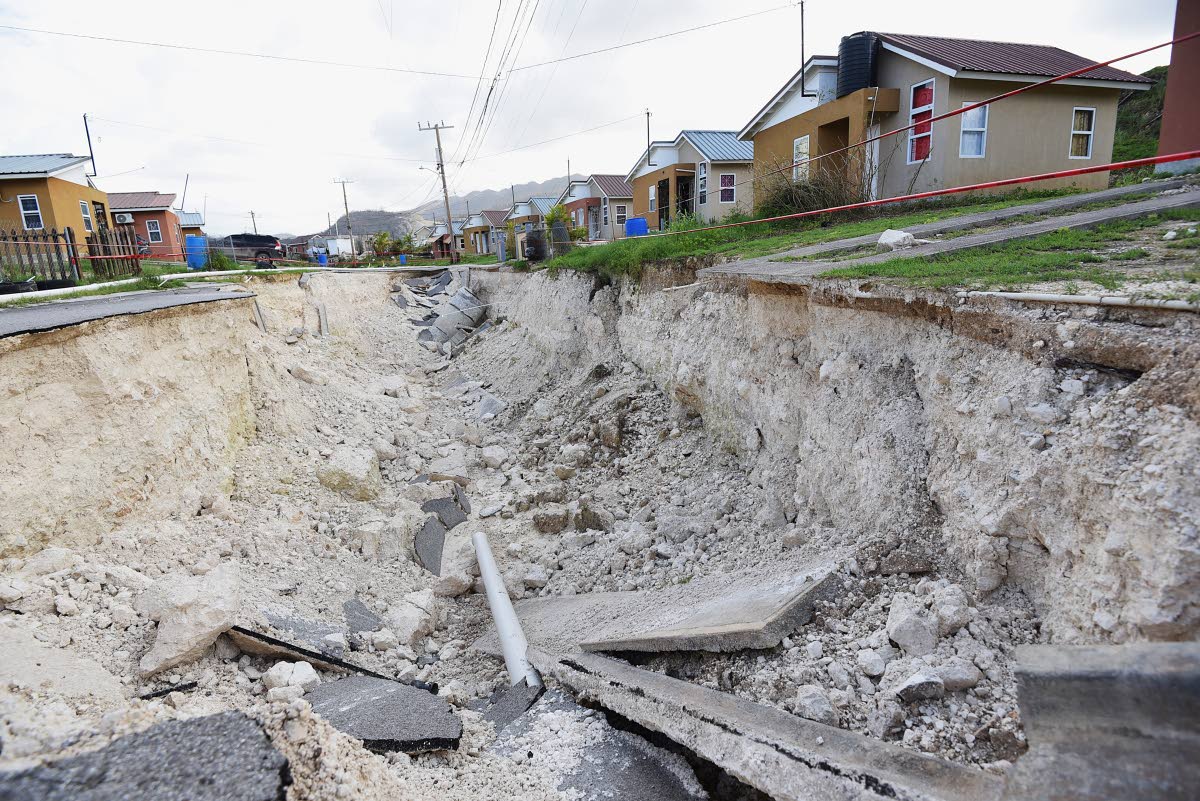 
A collapsed roadway in Phase 2 of The Estuary in Friendship, St James. Residents says that the roadway started to fall apart slowly during the passage of Hurricane Melissa.