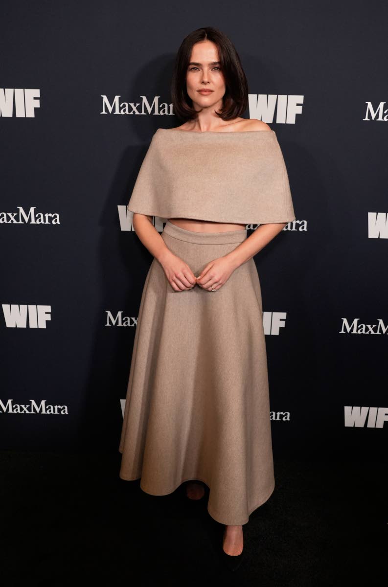 Zoey Deutch wears a classic neutral Max Mara two-piece set. 
