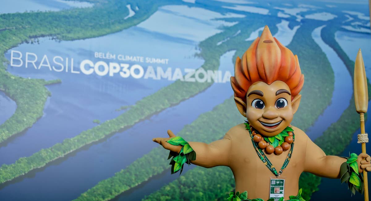 Curupira, the mascot of COP30 at City Park, Belém