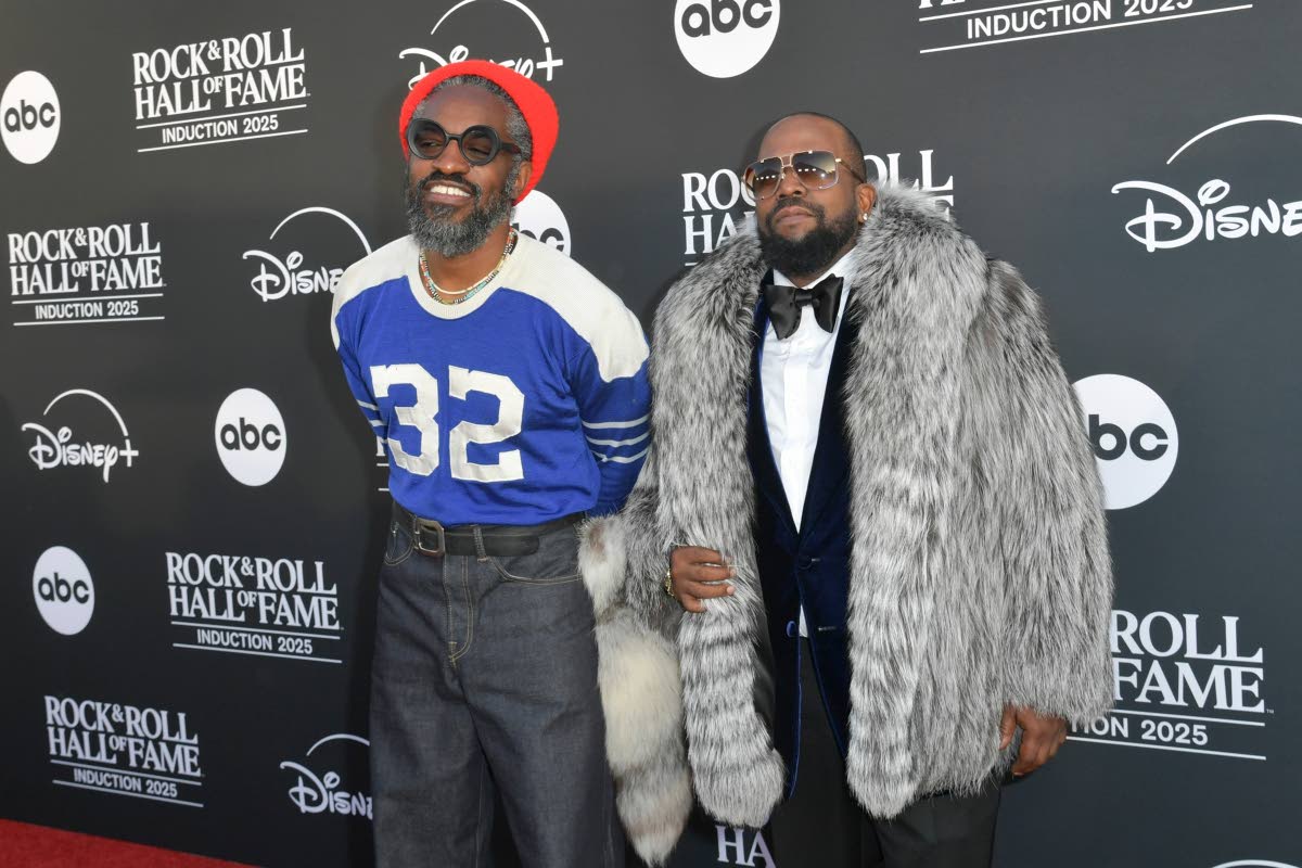 Andre 3000 (left) and Big Boi, of Outkast, arrive at the 2025 Rock & Roll Hall of Fame induction ceremony on Saturday. 