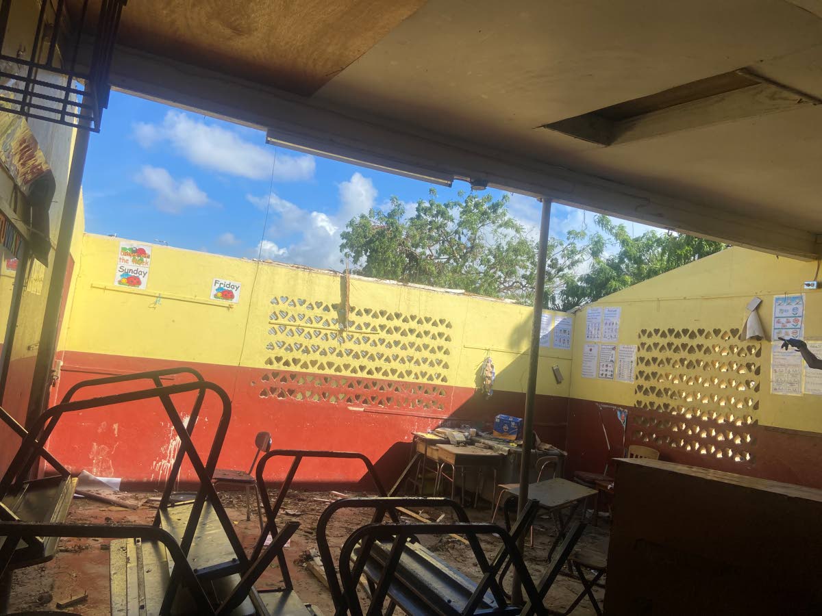 The damaged roof of a classroom at Runaway Bay Primary and Infant School. 