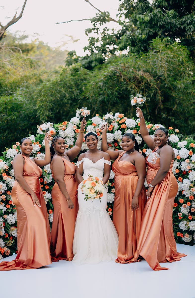 The beautiful bride celebrates love alongside her bridal party (from left) Krisan Legister, Camielle Grant-Pennant, Shania Anderson and Yolanda Smith-Wallen.