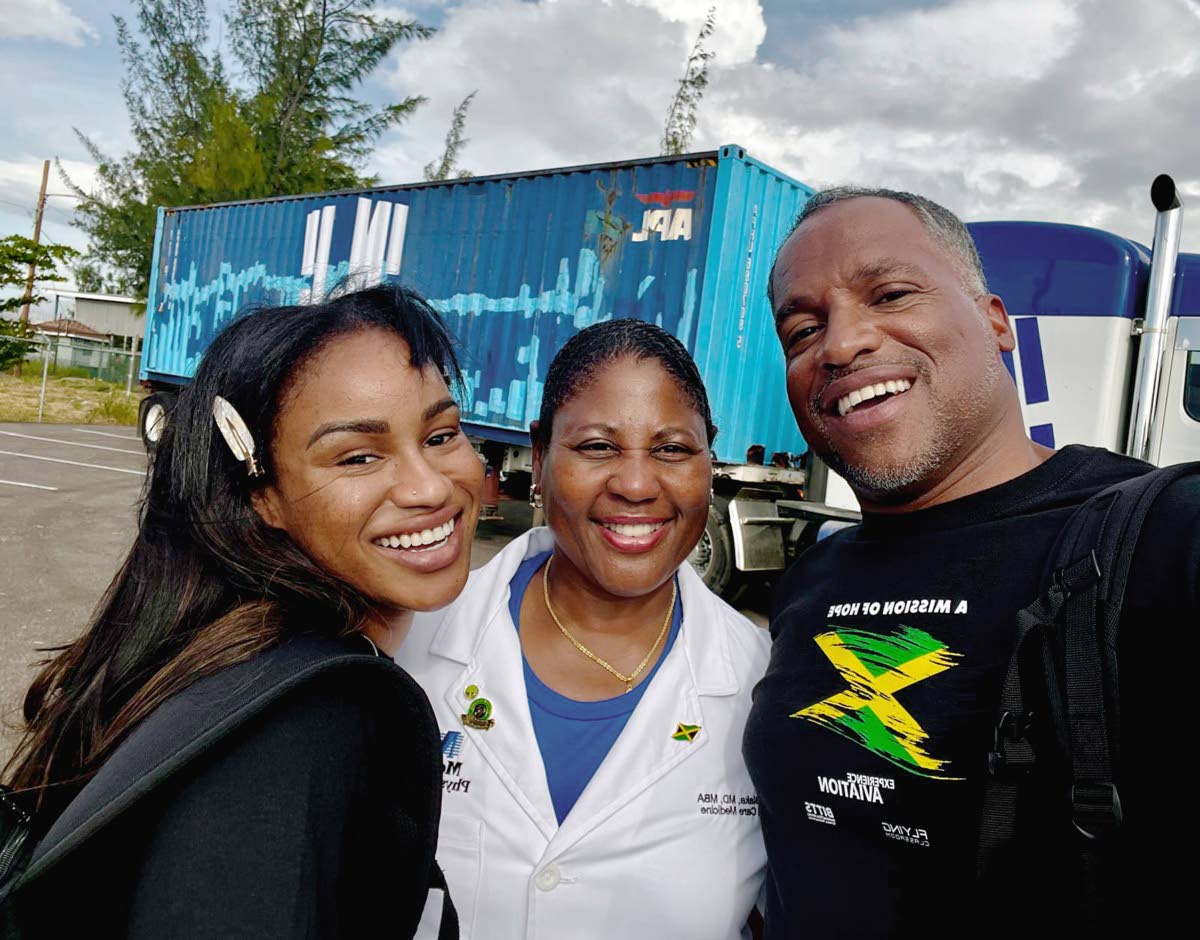 From left: Briana Williams, Jamaican‑American athlete; Dr Dahlia Blake of Memorial Healthcare System (centre); and Ato Boldon, Trinidadian Olympian, following the delivery of medical supplies.
