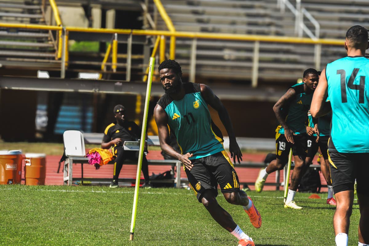 Reggae Boyz striker Shamar Nicholson goes through his paces during a training session in Trinidad and Tobago last Tuesday.