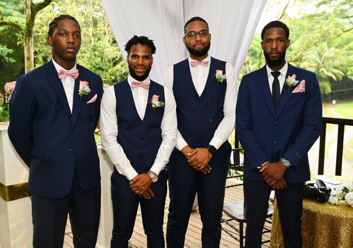 Supporting the groom on his special day are (from left) Tarick Foster, best man; Dan-Neil Smith, Richard Barnett and groom’s brother Sean Wilson.
