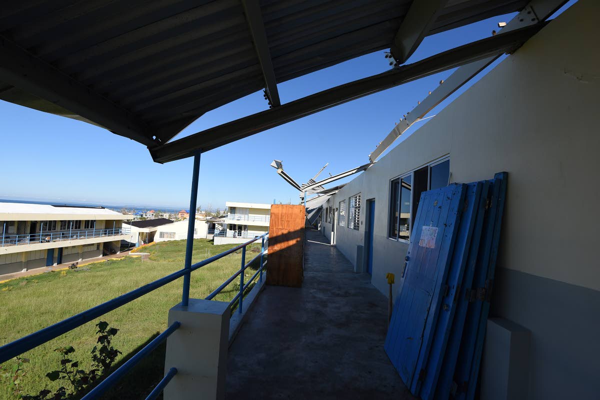 The upstairs classrooms on this block were ravaged by Hurricane Melissa.
