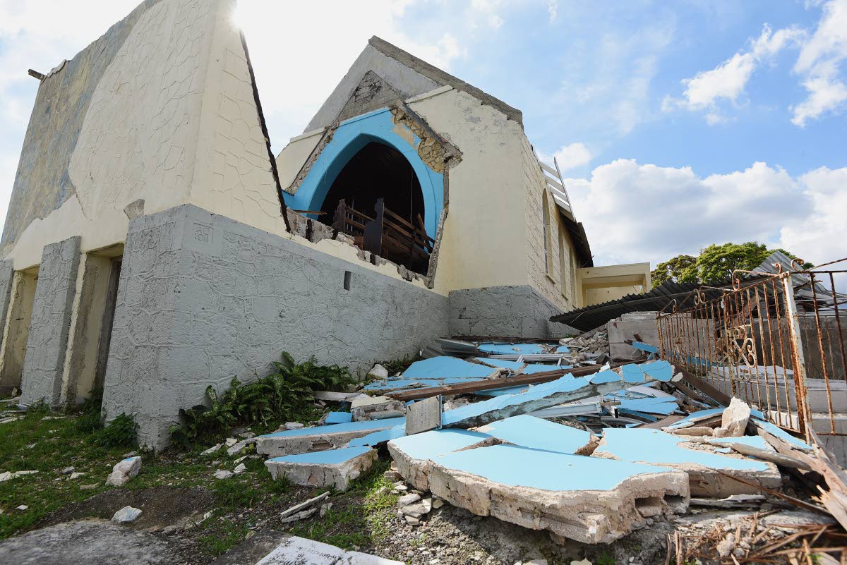 The St Andrews Anglican Church in Albert Town, Trelawny. Normally a place of refuge, churches across Jamaica were also victims of Hurricane Melissa, which passed through Jamaica on October 25, 2025, leaving estimated damage of US$8.8 billion and counting.