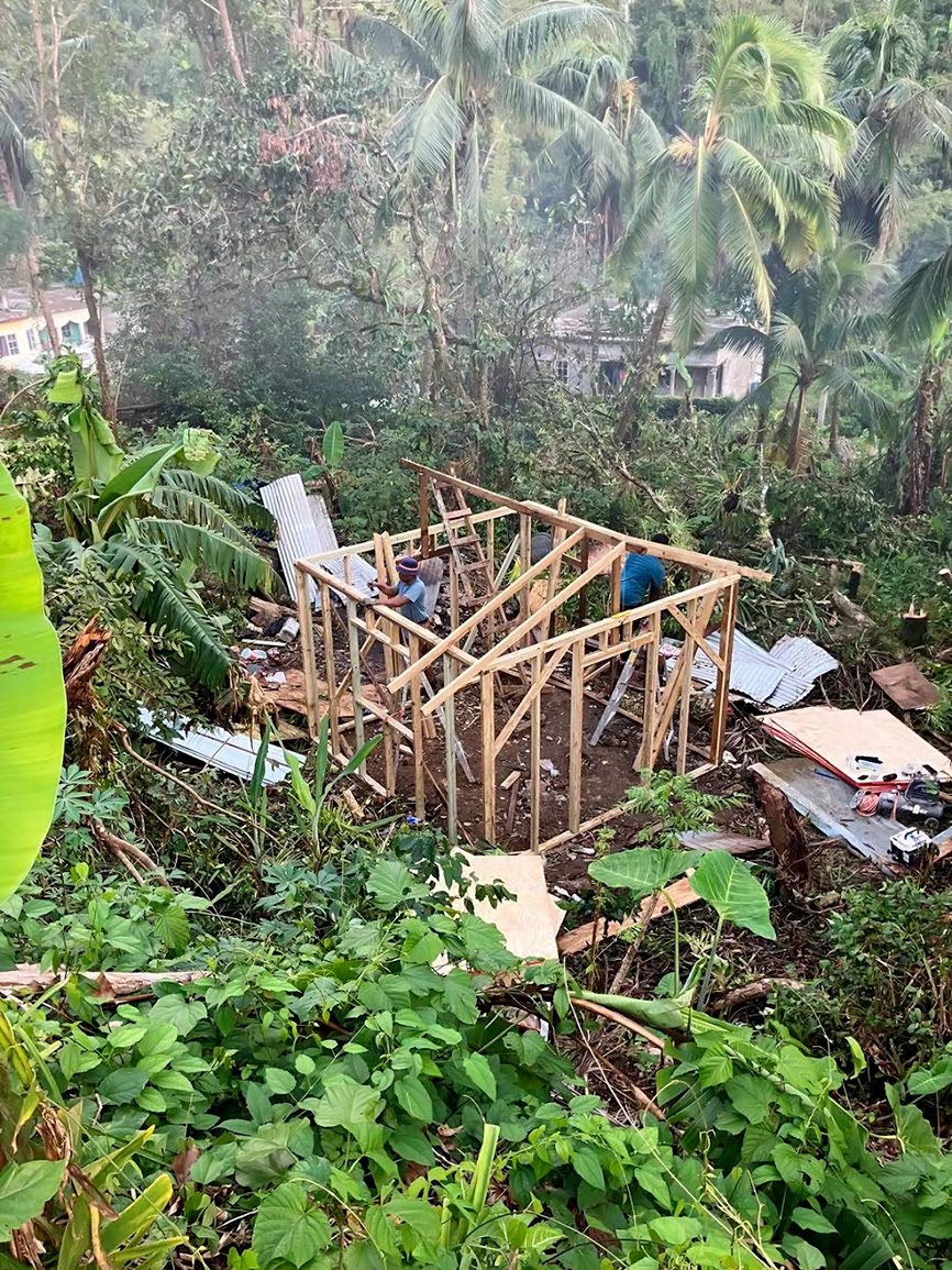 Frame of a house being rebuilt in Moore Town, Portland, after Hurricane Melissa destroyed the previous structure on October 28, 2025. 