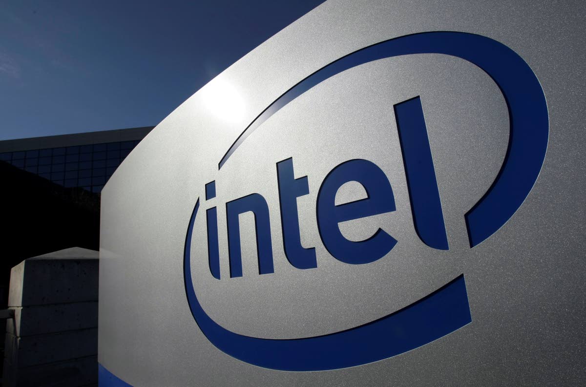 The Intel logo is displayed in Santa Clara, California.