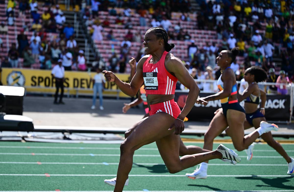 Jamaica’s Danielle Williams (left) wins the women’s 100 metres on day three of the inaugural Grand Slam Track meet held at the National Stadium on April 6, 2025.