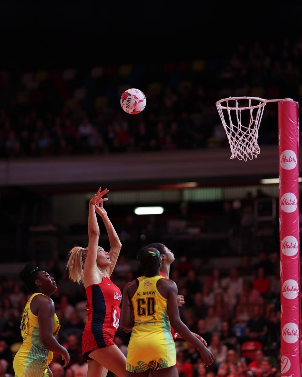 Courtesy of @englandnetball/IG 
England’s goal shooter takes a shot during the first Test of the Horizon Vitality Netball series at the Copper Box Arena yesterday.