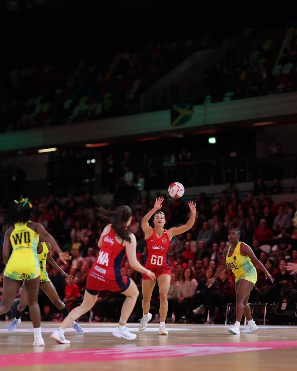 Action between Jamaica’s Sunshine Girls and England’s Roses in the Horizon Vitality Netball series inside the Copper Box Arena yesterday.