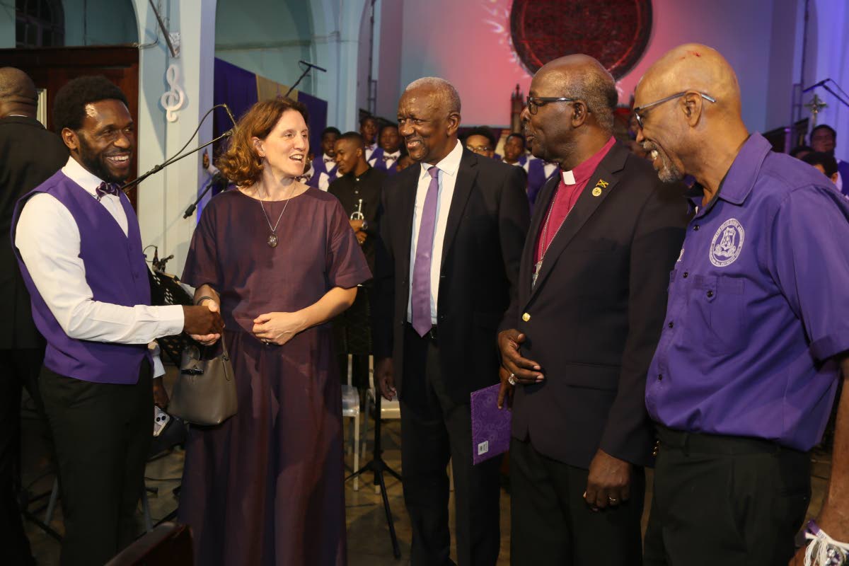 From left: Lloyd McEwan Jnr., chairman of the Choir Committee; French Ambassador to Jamaica Marianne Ziss; Michael Vaccianna; Reverend Leon Golding; and Professor Patrick Dallas at Kingston College Chapel Choir’s Tidings of Comfort and Joy Christmas conc