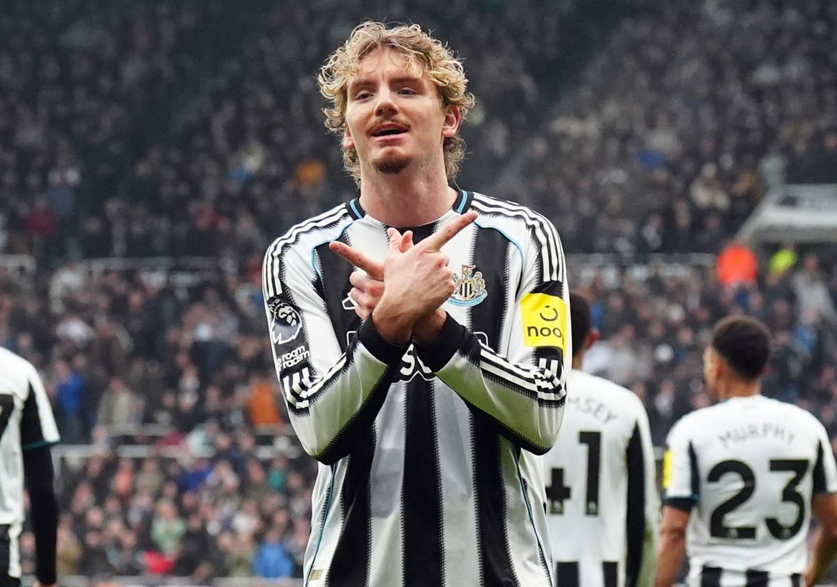 Newcastle's Nick Woltemade celebrates after scoring his side's second goal during the English Premier League soccer match between Newcastle United and FC Chelsea in Newcastle, England on December 20, 2025. 