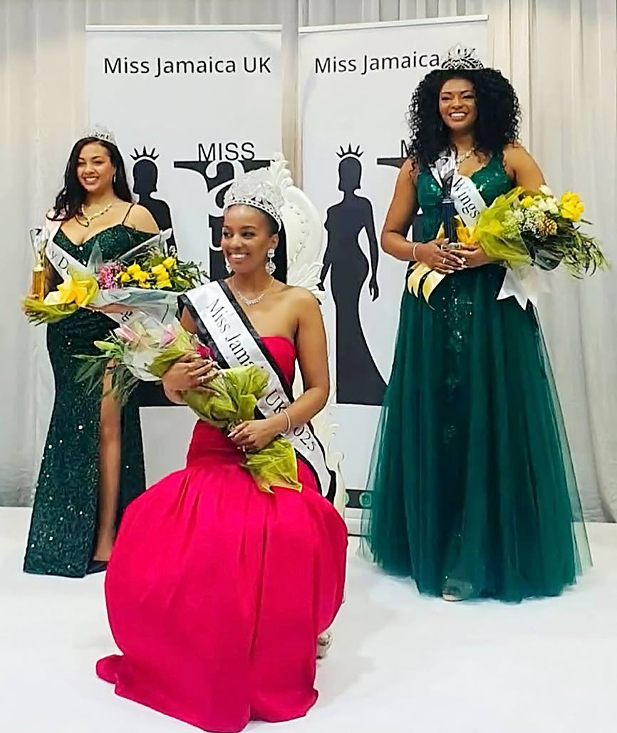 Kira McKenzie wears the title Miss Jamaica UK 2025 surrounded by first runner-up Siobhan Witter (right) and second runner-up Dominque Harvey.