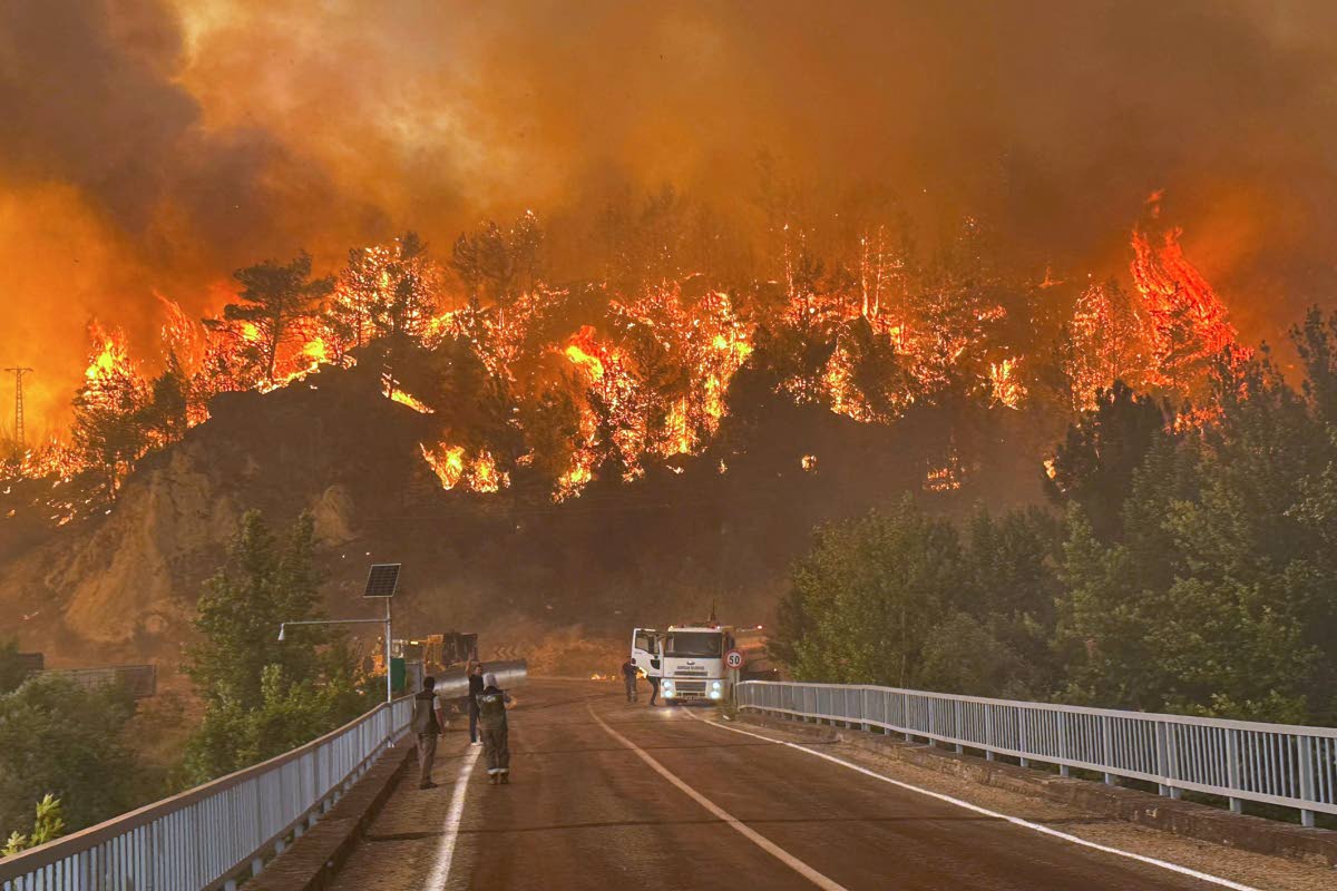 A wildfire rages across a forested area near Cavuslar village, in Karabuk district, northwest Turkey on July 23, 2025. 
