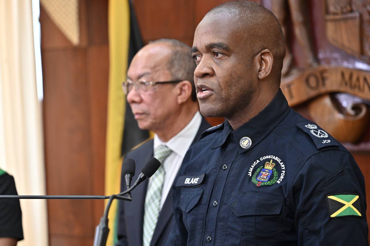 Police Commissioner Dr Kevin Blake (right) and National Security Minister Dr Horace Chang addressing concerns about the rising number of police killings at a post-Cabinet press briefing at Jamaica House in St Andrew on May 7, 2025.