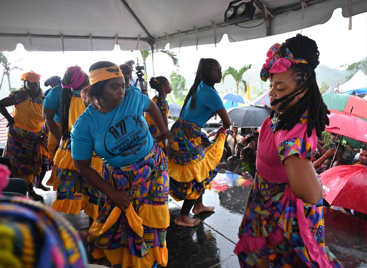 Maroons performing the Dikimini dance at the 288 Maroon Treaty celebration in Accompong Town, St Elizabeth, on Tuesday.
