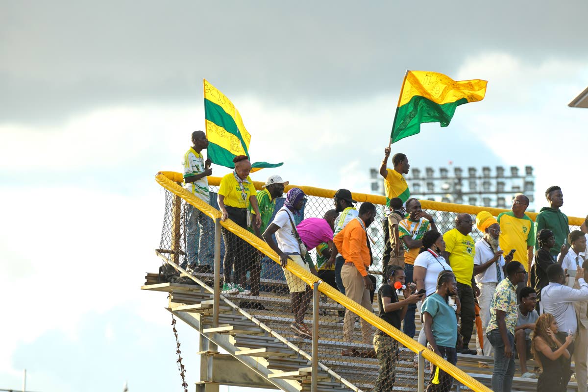 Fans of Excelsior High wave flags with the school’s colours during the Olivier Shield playoff against St Elizabeth Technical High at the Stadium East football field on Thursday.