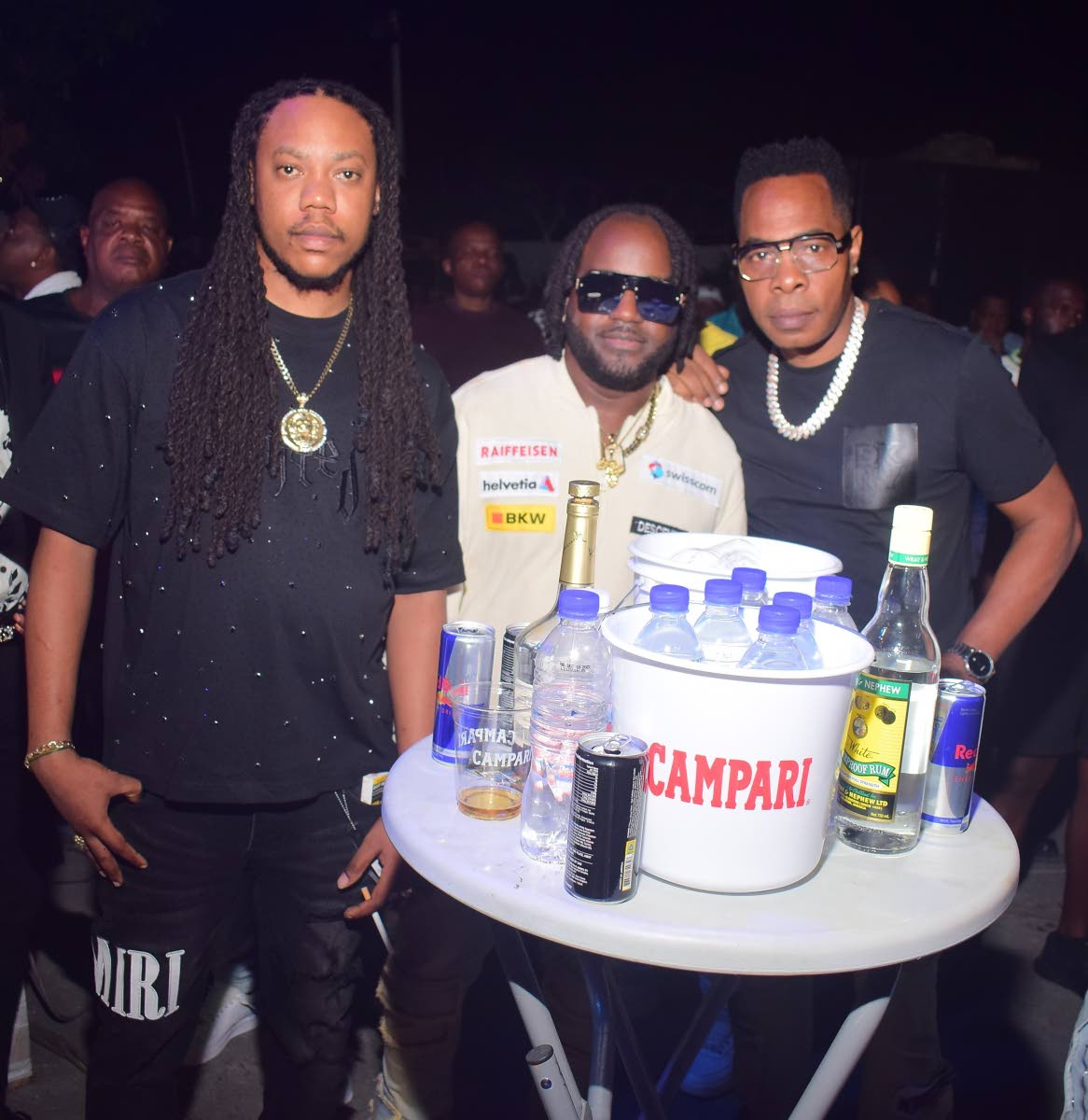Stone Love selectors (from left) Gugu Mental and Randy Rich share lens time with dancehall artiste New Kidz at Stone Love’s 53rd Anniversary Dance Party, December 27, 2025, at D’Lux Restaurant and Lounge, 1A Caledonia Avenue in Kingston.