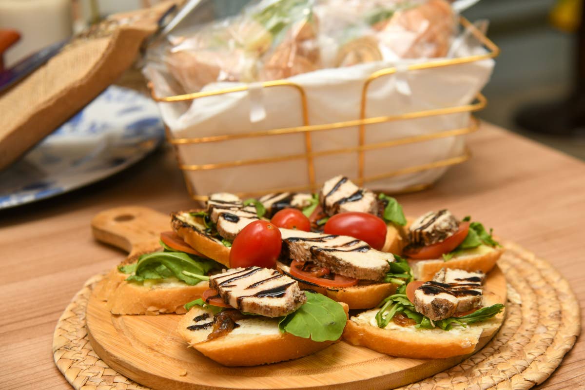 The Jamaica Blue Mountain Coffee-glazed jerk chicken breast crostini is topped with a coffee balsamic glaze.