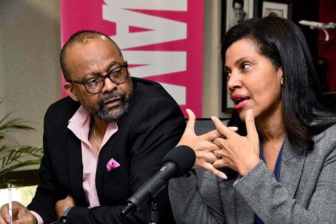 Director of Tourism Donovan White (left) looks on as Chair of the Jamaica Product Exchange (JAPEX) Planning Committee, Nicola Madden-Greig, responds to a question, during the launch of JAPEX 2025 last September at the Jamaica Tourist Board (JTB)) in New Ki