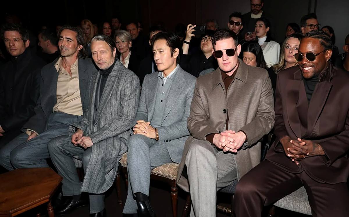 British-Nigerian film-maker Akinola Davies Jr (right) was seated front row alongside the quintet of thespians (from left) James Norton, Lee Pace, Mads Mikkelsen, Lee Byung-hun and Matt Smith to take in the latest Zegna collection.