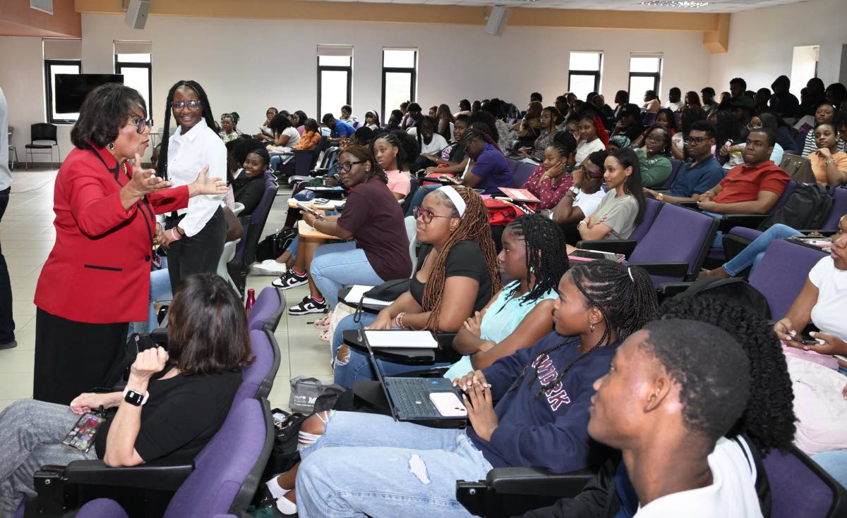 Minister of State in the Ministry of Justice and Constitutional Affairs, Marisa Dalrymple-Philibert, addresses first-year law students pursuing constitutional law at the Faculty of Law, University of the West Indies, Mona, on Monday.