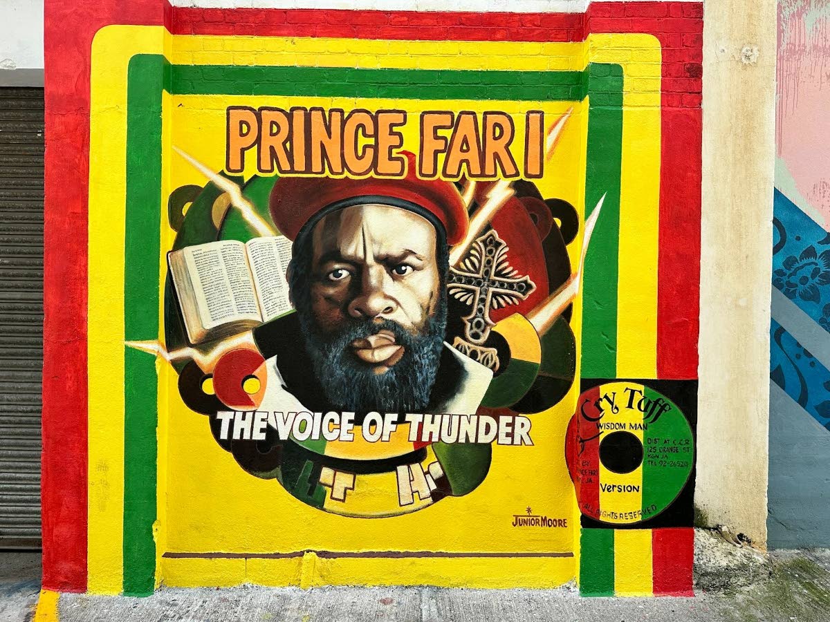 The recently unveiled Prince Far I mural in the Downtown Creative Art District. It was commissioned by Fans of Prince Far I, through Kingston Creative, and created by brothers Junior and Hudson Moore.