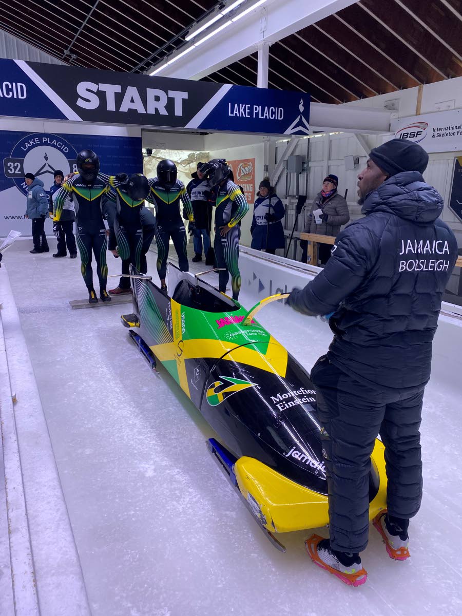 Members of the Jamaica four-man bobsled team ahead of action at the North American Cup.