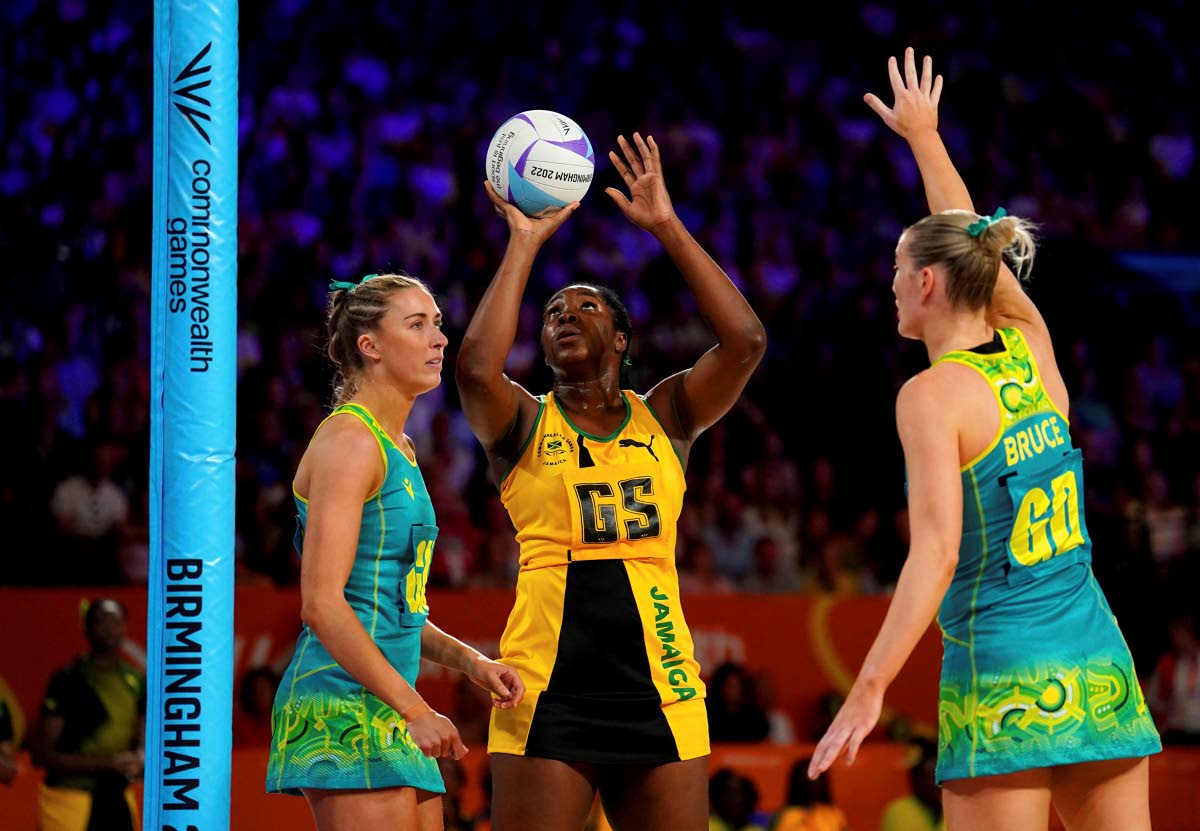 
Britain Commonwealth Games Netball – Jamaica’s Jhaniele Fowler (centre) attempts to shoot during the netball gold medal match against Australia at the NEC Arena on day 10 of the 2022 Commonwealth Games in Birmingham, England, on August 7. Fowler is on