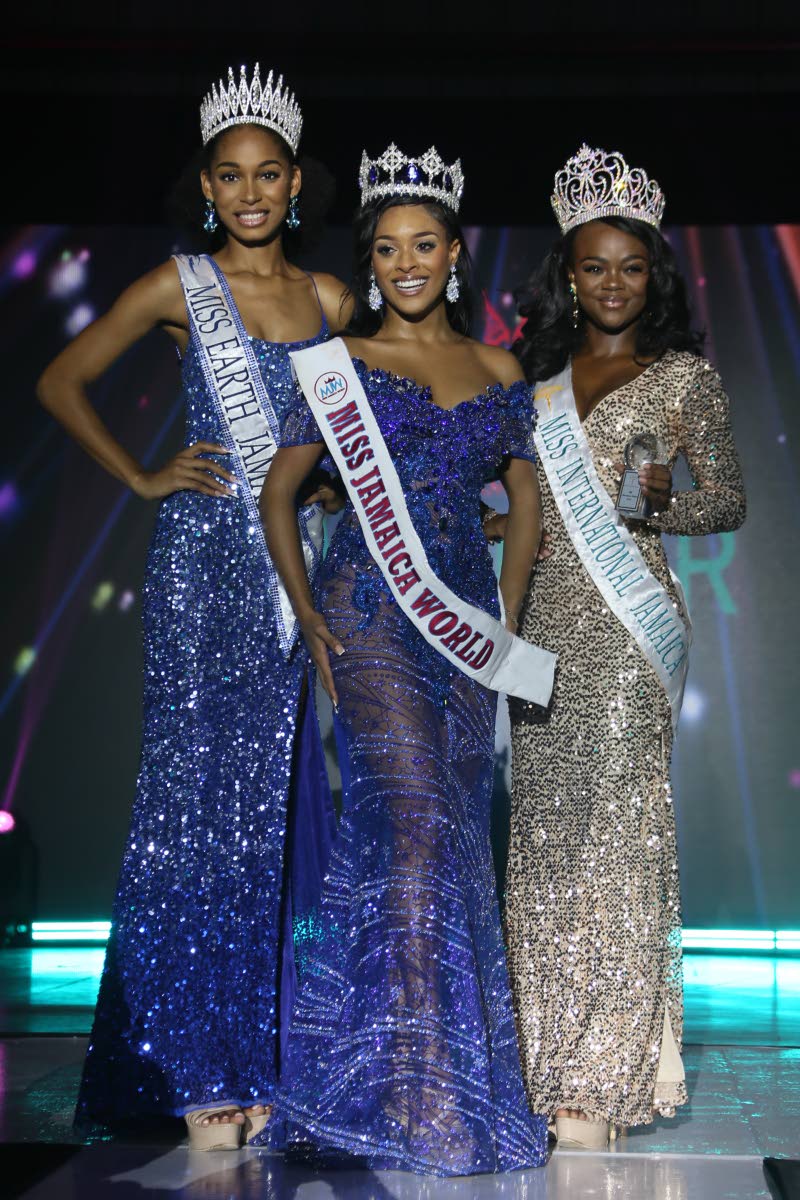 Miss Jamaica World Nevaeh Allen (centre) shares the spotlight with first runner-up, Asia Wright (right) who will wear the sash Miss International Jamaica; and Brianna Foster, second runner-up and holder of the title, Miss Earth Jamaica.