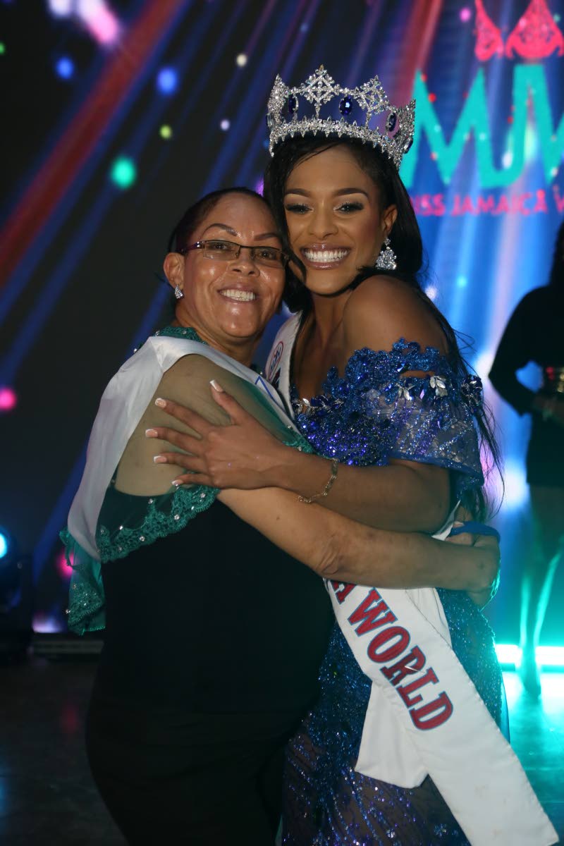 Miss Jamaica World Nevaeh Allen is congratulated by her mother and biggest supporter, Simone Franks, following the Grand  Coronation show held last Saturday  at the Karl Hendrickson Auditorium, Jamaica College, St Andrew.