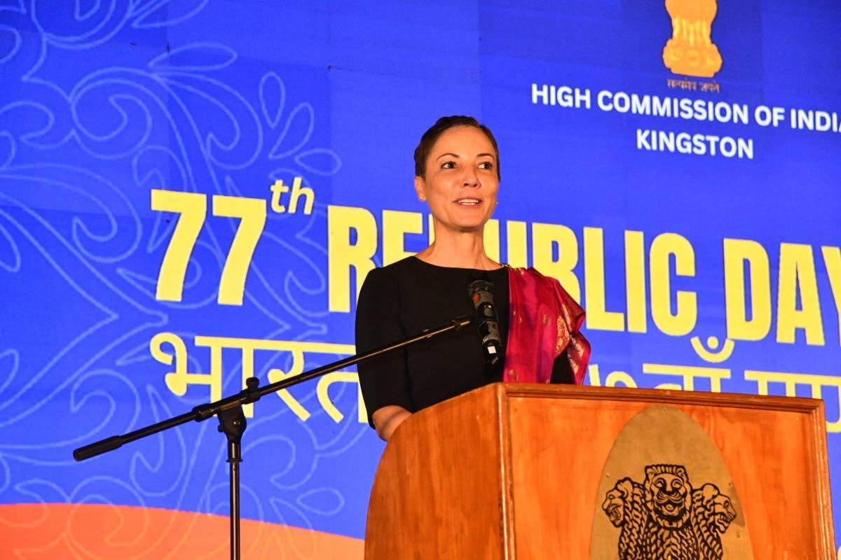 Senator Kamina Johnson Smith, minister of foreign affairs and foreign trade, addressing Monday night’s 77th Republic Day reception at India House in St Andrew.