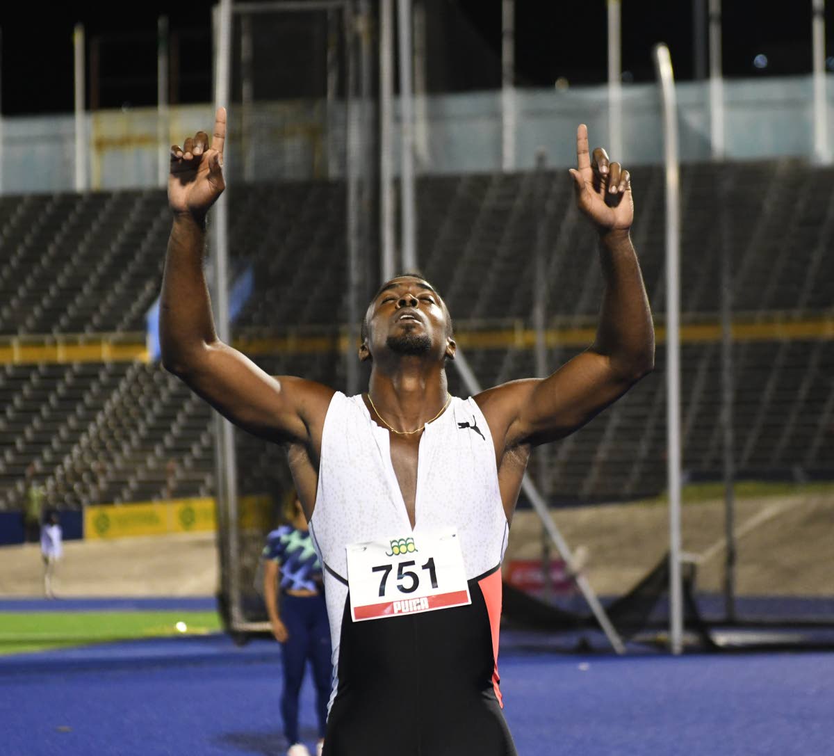 Tyquendo Tracey Celebrates his win in the 100m men’s final ahead of Yohan Blake and Oblique Seville at the National Junior and Senior Championships at The National Stadium in St Andrew on Friday, June 25, 2021.