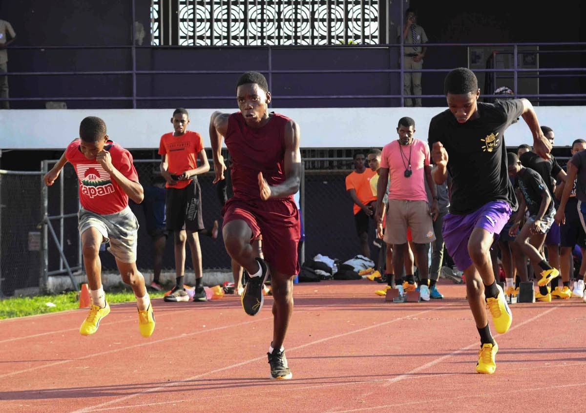 From left: Sprint hurdlers Lincoln Tinglin, Jordan Griffiths and Tejanunie Linton in training at Kingston College’s Elletson Road compound in Kingston on Wednesday, January 28, 2026.