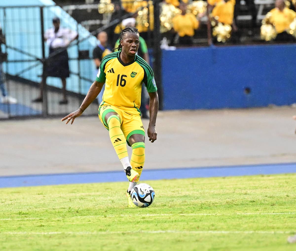 Reggae Boy Karoy Anderson in action against the Dominican Republic during the 2026 World Cup qualifying match at the National Stadium on Thursday.