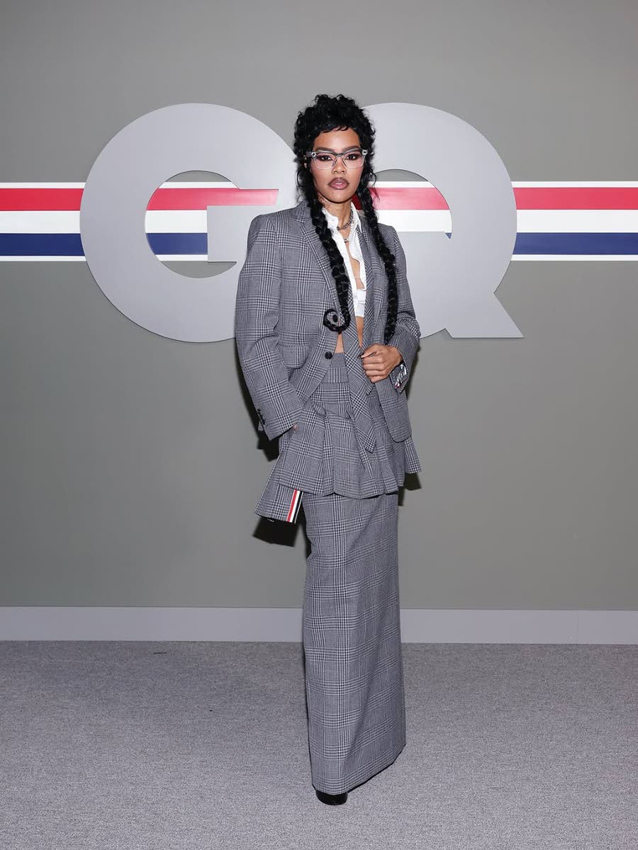 Teyana Taylor, currently an Academy Award Best Supporting Actress nominee for her role in the drama ‘One Battle After Another’, stepped onto the grey carpet styled in Thom Browne.
