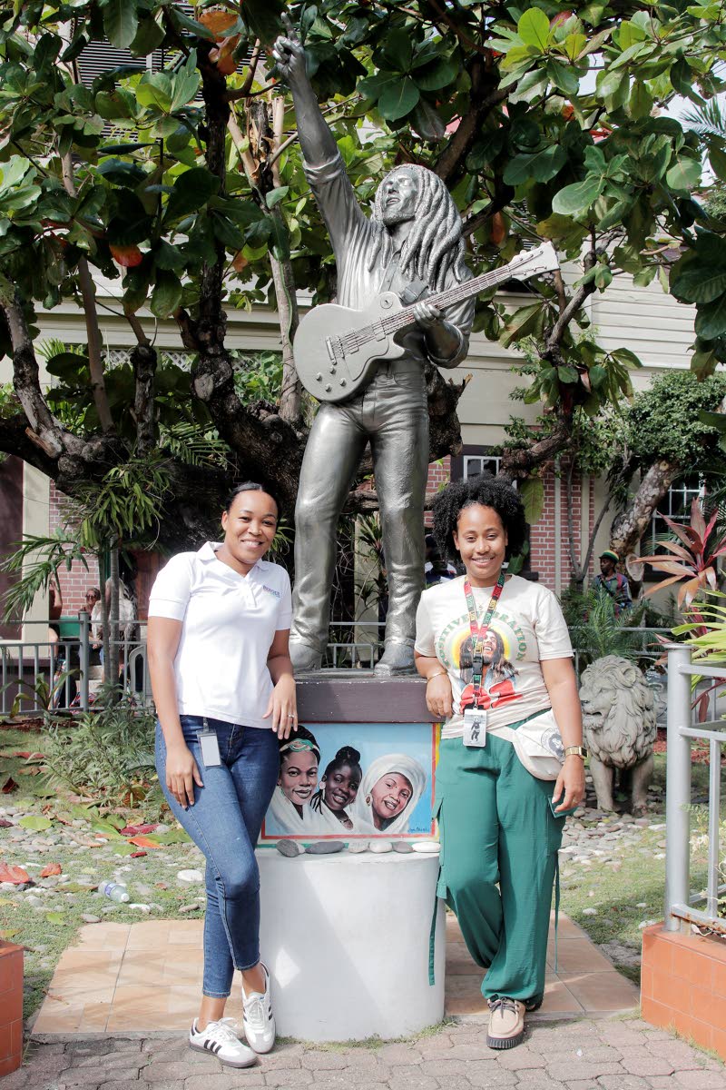  (from left) Asheaka James, Trade Marketing Manager at Berger Paints Jamaica Ltd., and Onieka Young, Group Marketing Manager at the Bob Marley Group of Companies, took a moment for the lens on Friday at the 81st birthday celebration of reggae Icon, Bob M