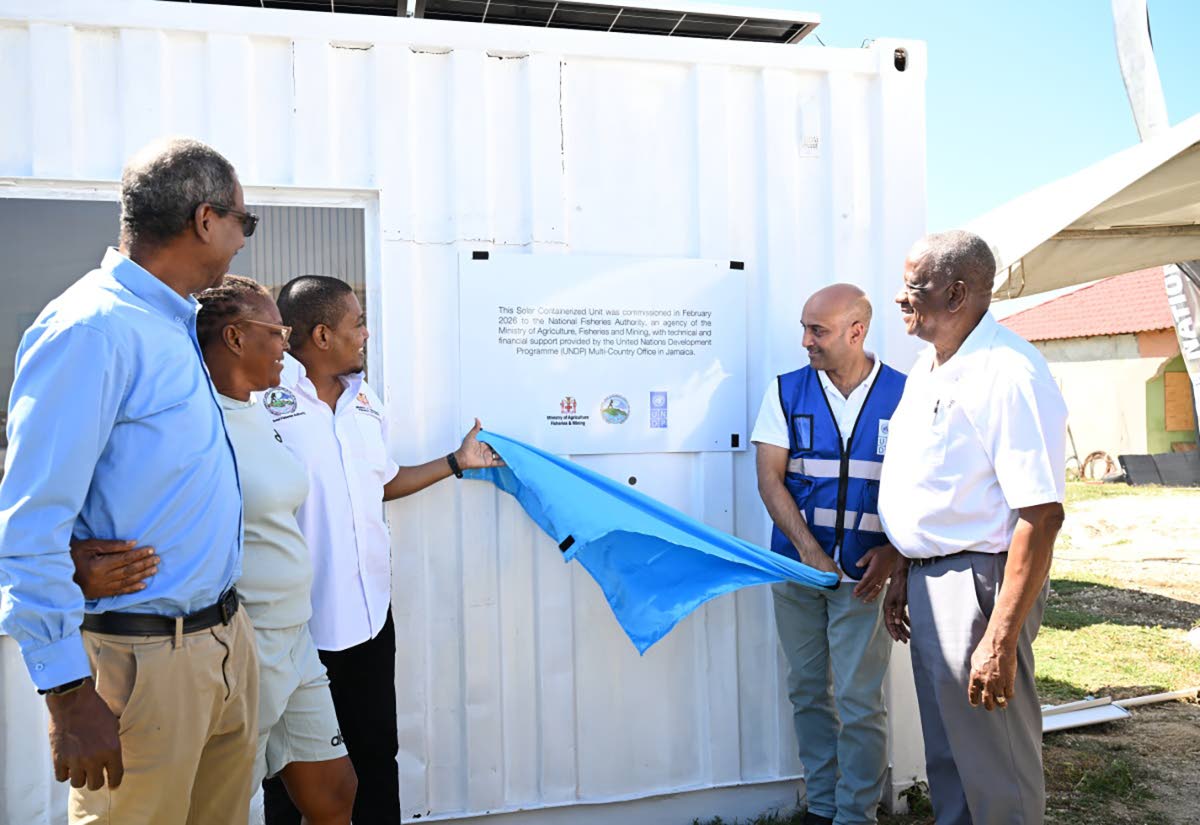 Minister of Agriculture, Fisheries and Mining, Floyd Green (centre), and Resident Representative, United Nations Development Programme (UNDP) Multi-Country Office in Jamaica, Dr Kishan Khoday (second right), unveil the sign for the solar-powered community 