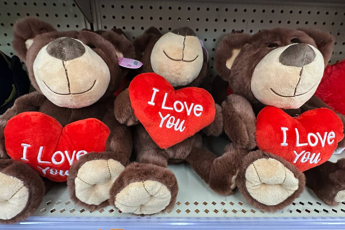 Valentine's Day Plush bears are displayed at a retail store in Lincolnshire, Illinois, on January 28, 2026.